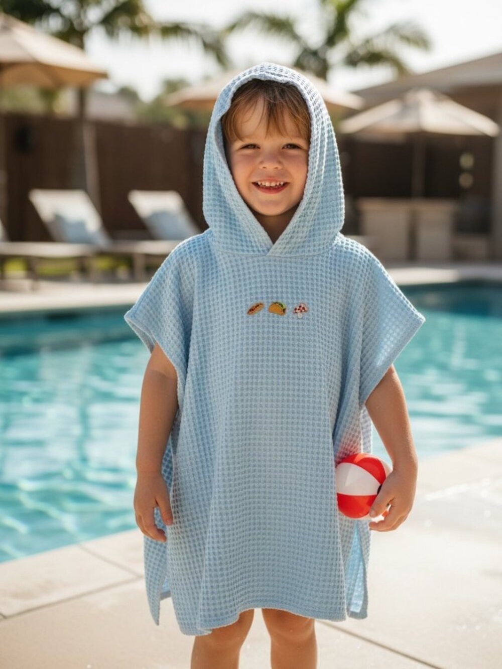 Kids Hooded Towel Poncho | Camping Embroidered Design | Soft Cotton Beach & Pool